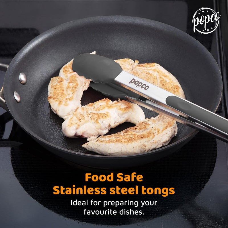 Popco 3-Piece Kitchen Tongs Set â€“ Stainless Steel Heat Resistant Silicone Tips, Strong Comfort Grip, 3 Sizes (7, 9, 12 Inch), Non-Scratch, Dishwasher Safe, for Cooking, BBQ, Salad - Image 2